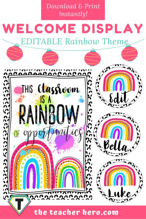 Editable Door Display- Rainbow Bright - The Teacher Hero Rainbow Themed Classroom Door, Rainbow Classroom Door Ideas, Rainbow Door Decorations Classroom, Turquoise Classroom, Bright Door, Rainbow Theme Classroom, Classroom Door Displays, Asd Classroom, Preschool Assessment