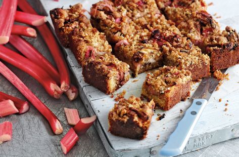 Rhubarb traybake recipe Cafe Cakes, Plum Recipes, Tray Bake Recipes, Tesco Real Food, Tray Bake, Bbc Good Food Recipes, Let Them Eat Cake, Real Food, Rhubarb