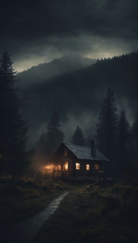 Cabin In The Woods At Night, Cabin In The Woods Aesthetic Dark, Dark Forest Aesthetic Night, Night Forest Wallpaper, Cabin In The Woods Aesthetic, Dark Forest Wallpaper, Library Magic, Cabin Aesthetic, Forest Cabin