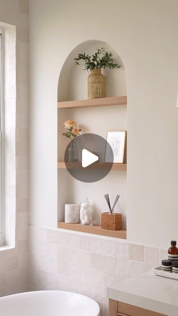 Arched Niche, Bathroom Niche Ideas, Bathroom Niche, Simple Bathroom Decor, Primary Bathroom, Wall Niche, Stucco Walls, Shower Niche, Wood Floating Shelves