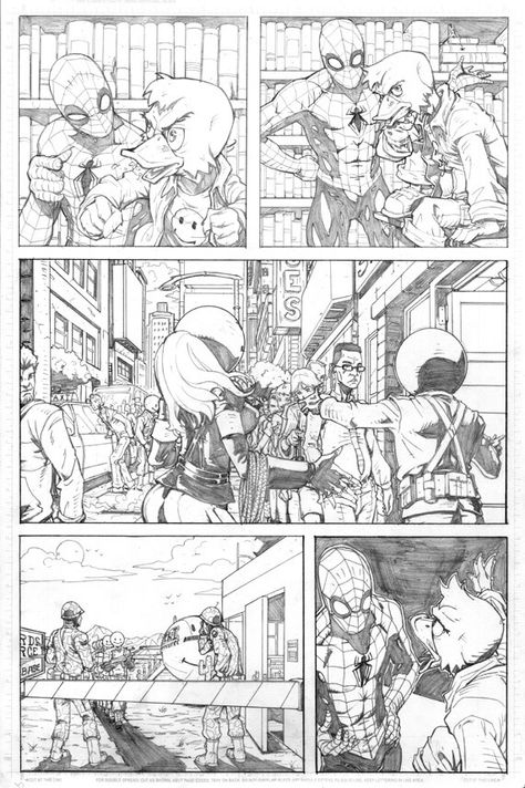 Marvel comics pencils for Spider-Man : Back in Quack Comic Pencils For Inking, Comic Book Pencils, Inking Practice, Comic Pencils, Pencil Inspiration, Marvel Character Design, Joe Madureira, Drawing Superheroes, Comic Book Layout