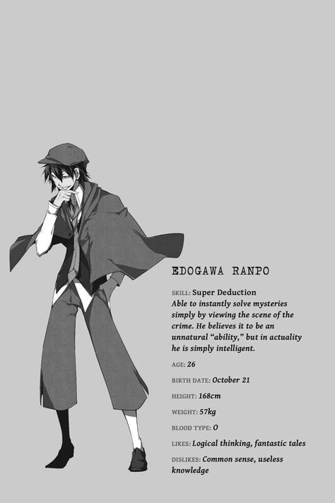 Bungo Stray Dogs character profile Bsd Character Heights, Ranpo Character Sheet, Bsd Characters Profile, Ranpo Birthday, Bungou Stray Dogs Oc Ability, Bsd Character Profile, Bungo Stray Dogs Tattoo, Ranpo Cosplay, Bsd Characters