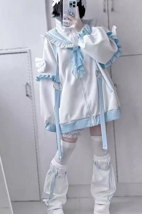 Process Time: Could be shipped out in 1-3 working days. Fabric: Polyester Color: White/Blue Sleeve Length: Long Sleeves Feature: Print Style: Jirai Kei, Handsome Include: Coat*1 (Any of the accessory is not included.) Size (IN) Bust Length One Size 55.12 29.53 Size (CM) Bust Length One Size 140 75 Uchuu Kei Fashion, Tenshi Kaiwai Fashion, White And Blue Room, K Angel, Kawaii Outfit Ideas, Y2k Pattern, Jirai Kei, Black Cami Top, Clothing Design Sketches