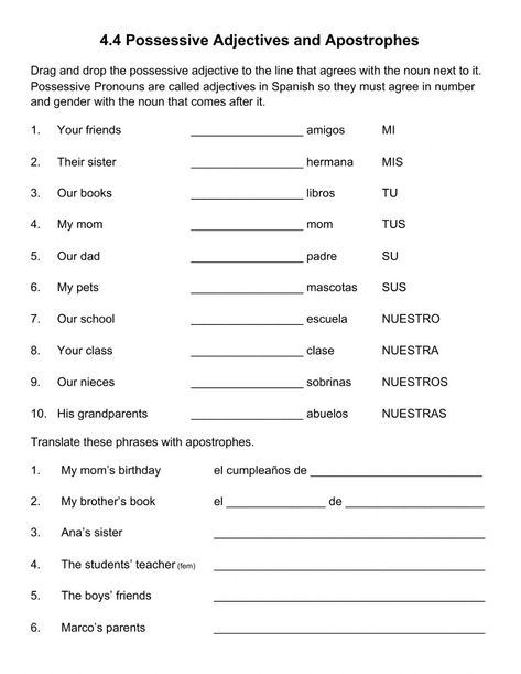 Spanish Possessive Adjectives Worksheet, Apostrophes Worksheet, Possessive Adjectives Spanish, Multiplying Fractions Word Problems, Spanish Adjectives, Third Grade Worksheets, Fraction Word Problems, Possessive Adjectives, Adjective Worksheet