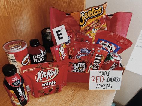 Red Themed Snack Basket, Red Party Basket Ideas, Red Color Baskets Gift Ideas, Red Snack Basket Ideas, Color Party Red Snacks, Red Themed Gift Basket For Him, Red Color Theme Party Basket, Color Coded Snack Basket, Red Birthday Gifts