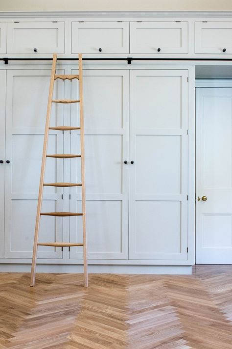 Built In Wardrobe With Ladder, Shaker Style Fitted Wardrobes, Shaker Style Wardrobe, Wardrobe With Ladder, Wardrobe Ladder, Small Built In Wardrobe Ideas, Traditional Fitted Wardrobes, Earthy House, Floor To Ceiling Wardrobes