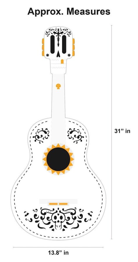 Coco Guitar Diy, Coco Guitar Drawing, Coco Guitar Template, Mexican Fiesta Theme Party, Coco Guitar, Coco Theme Party, Coco Party, Dia De Los Muertos Decorations Ideas, Mexican Birthday Parties