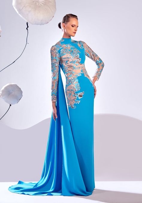 Edward Arsouni Long Sleeve Cutout Blue Crepe Gown HK | Designer Bridal Room Edward Arsouni, Illusion Sleeves, Bridal Room, Mermaid Evening Gown, Crepe Gown, Lace Gown, Embroidered Lace, Evening Dress, Dress Making