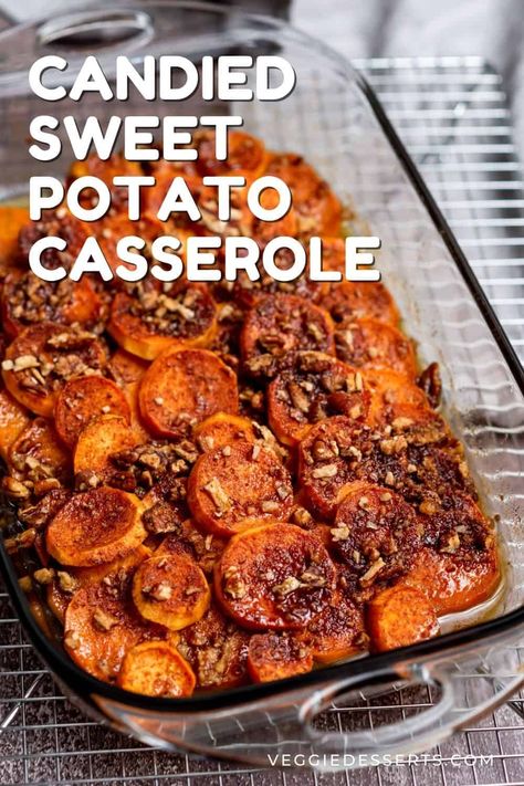 This easy Candied Sweet Potato Casserole recipe combines tender sliced sweet potatoes with a homemade candied sauce and pecans. Serve as a comforting Christmas or Thanksgiving side dish or enjoy during the week with your favorite meals during the cooler months! Gluten-free and easily vegan. Sweet Potato Casserole With Sliced Sweet Potatoes, Diced Sweet Potato Casserole, Candied Sweet Potatoes Casserole, Best Thanksgiving Side Dishes Sweet Potato, Sweet Potato Casserole With Real Sweet Potatoes, Sweet Potato Recipe For Thanksgiving, Savory Sweet Potato Recipes Casseroles, Healthy Sweet Potatoes Thanksgiving, Cubed Sweet Potato Casserole