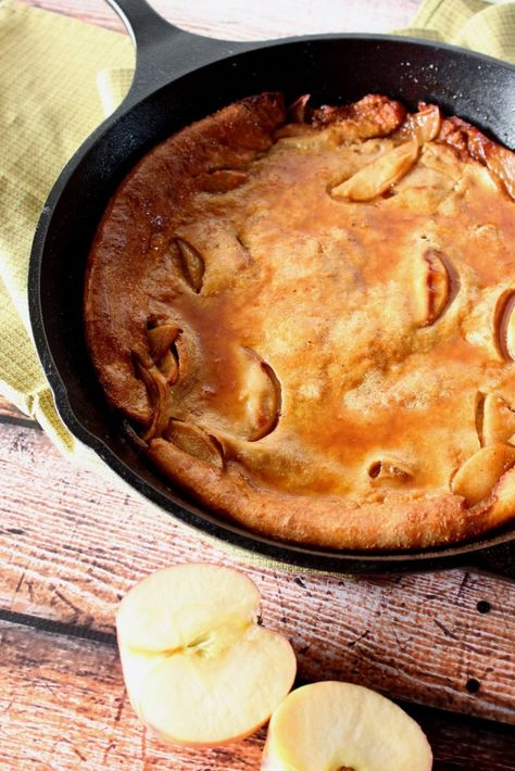 Apple Dutch Baby Pancake Einkorn Dutch Baby Pancake, Apple Dutch Baby, Campfire Dinner Recipes, Vegetarian Camping Recipes, Camp Cooking Recipes, Dutch Baby Pancake Recipe, Camping Dessert Recipes, Apple Cider Syrup, Einkorn Recipes