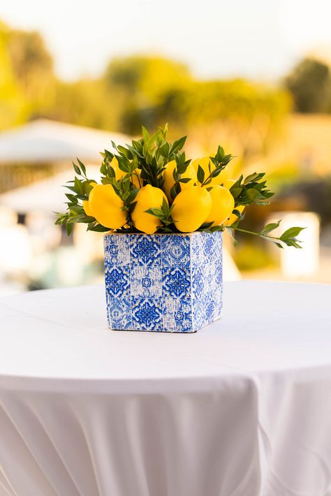 An Amalfi Coast Dream Wedding at Newport Beach - ElegantWedding.ca Amalfi Coast Centerpiece, Mediterranean Wedding Theme Decor, Amalfi Wedding Theme, Lemon Centerpiece Ideas, Amalfi Coast Party, Amalfi Coast Decor, Amalfi Coast Theme Party, Amalfi Coast Italy Aesthetic, Santorini Party