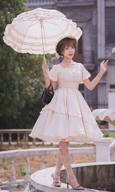 The Dream of KeSaiTe Vintage Classic Lolita OP Dress (suede fabric version) Vintage Poofy Dresses, Simple Standing Poses, Frilly Outfits, Fancy Poses, Doll Poses, British Dress, Doll Dress Outfit, Elegant Pose, Vintage Doll Dress