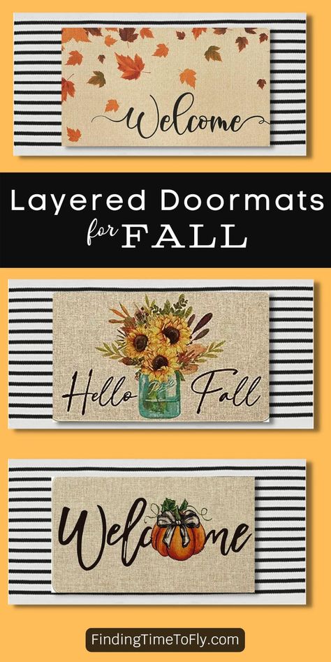 Fall door mats layered with a decorative rug for front porch fall decor. Autumn Decorations Outdoor, Fall Decorations Outdoor, Doormat Layering, Layered Doormat, Outdoor Fall Decorations, Front Porch Mat, Pumpkin Doormat, Layering Rug, Doormat Diy