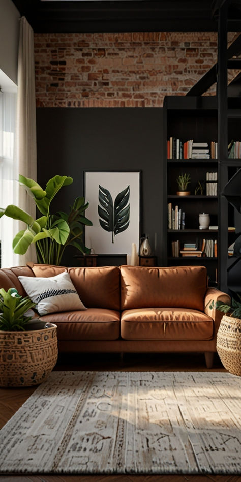 living room decor ideas, living room design ideas, modern living room ideas, brown leather couch, living room rug, brick wall living room, houseplants living room, living room plants, indoor plants, cozy living room ideas Ginger Couch Living Room, Penthouse Apartment Aesthetic, Brown Leather Sofa Living Room, Cozy Modern Living Room, Tall Pantry Cabinet, Charcoal Walls, Brown Leather Couch, Sofa Green, Leather Sofa Living