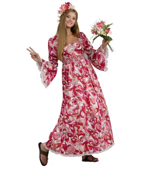 Flower Child Costume - Adult Costumes Flower Child Costume, Long Pink Floral Dress, Flower Costume Kids, Flower Child Hippie, 70s Costume, Disco Costume, Hippie Costume, Retro Costume, Costume Collection