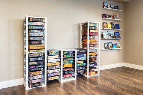 Board game shelves are here. Ditch the bookcase with a modular, customizable, stylish way to store your board games. Board Game Storage Living Room, Boardgame Storage, Board Game Shelves, Board Game Storage Ideas, Game Storage Ideas, Game Shelves, Board Game Shelf, Gaming Storage, Game Shelf