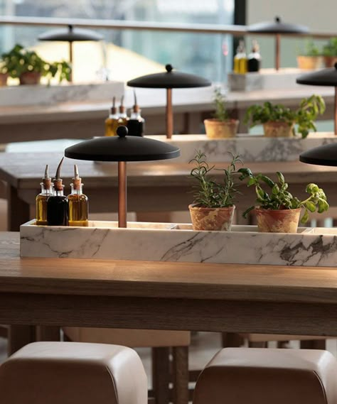 cute herbs and olive oil as center pieces. Vapiano vibe Bar Restaurant Interior, Pub Design, Communal Table, Bar Table Sets, Pub Table Sets, Burger Bar, 아파트 인테리어, Bar Design Restaurant, Pub Table