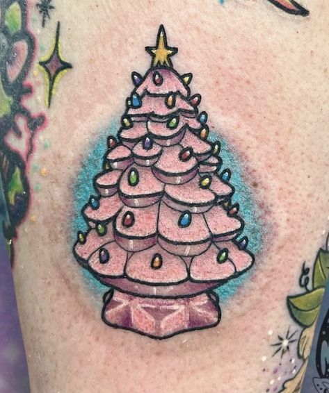 Christmas Tattoo Flash, Christmas Tree Tattoo, Snowglobe Tattoo, Small Pink Christmas Tree, Christmas Tattoo Ideas, Traditonal Tattoo, Christmas Tattoos, Truck Tattoo, Christmas With The Kranks