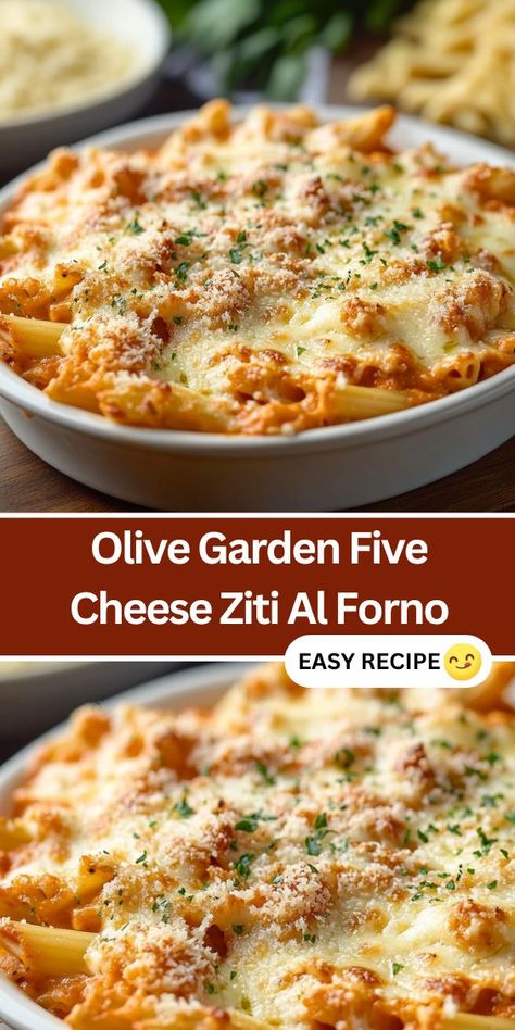 Savor the rich flavors of this Olive Garden-inspired Five Cheese Ziti Al Forno, a deliciously creamy baked pasta dish that is perfect for any occasion. Made with ziti pasta, marinara sauce, and a decadent blend of five cheeses, this easy recipe offers a comforting meal that your family will love. Perfect for weeknight dinners or gatherings, it features a crispy breadcrumb topping and is quick to prepare Olive Garden Ziti Recipe, Three Cheese Baked Ziti, Olive Garden 5 Cheese Ziti Recipe, Olive Garden Baked Ziti Recipe, Olive Garden Recipes Main Dishes, 5 Cheese Ziti Olive Garden, Five Cheese Ziti Olive Garden, Ziti Recipes Easy, 5 Cheese Ziti Recipe