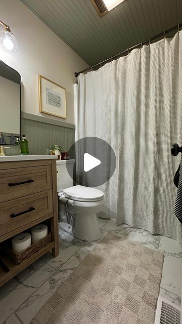 Shandy & Mark on Instagram: "Whole bathroom reno under 45 seconds?! If only it was that easy! 😆 We renovated every square inch if this bathroom and I love how it all came together! What do y’all think?
•
Beadboard is “Muted Sage” from Behr 
Upper wall is Behr “Even Better Beige” 
Vanity and tile from @homedepot
.
.
.
.
#beforeandafterhomeedition #diyhomerenovation #homerenovations #homereno #bathroomrenovation #bathroomreno" Behr Muted Sage, Even Better Beige Behr, Beadboard Bathroom Walls, Bathroom With Beige Tile, Even Better Beige, Bathroom Beadboard Ideas, Beige Vanity, Beadboard Bathroom, Muted Sage