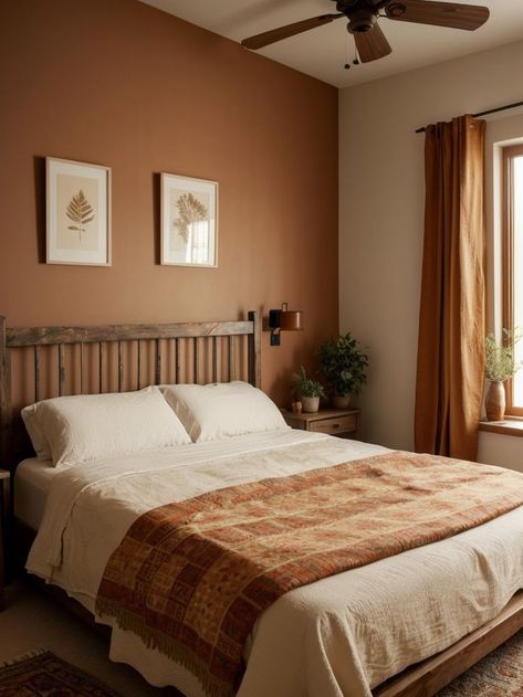 Add warmth and earthiness to your bedroom with a terracotta accent wall. Pair it with natural wood furniture and bohemian-inspired textiles for a cozy and inviting space. Terracotta Accent Wall, Bedroom Accent Wall Ideas, Terracotta Bedroom, Bedroom Accent Wall, Accent Wall Ideas, Western Bedroom, Natural Wood Furniture, Bedroom Accent, Accent Wall Bedroom