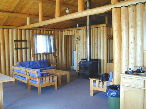 vertical log interior Vertical Log Cabin, Log Cabin Room, Rustic Standing Log Cabinet, Log Cabin Chinking Interior, Log Interior, Log Cabin Rooms, Hand Built Log Cabin, Log Building, Cabin Room