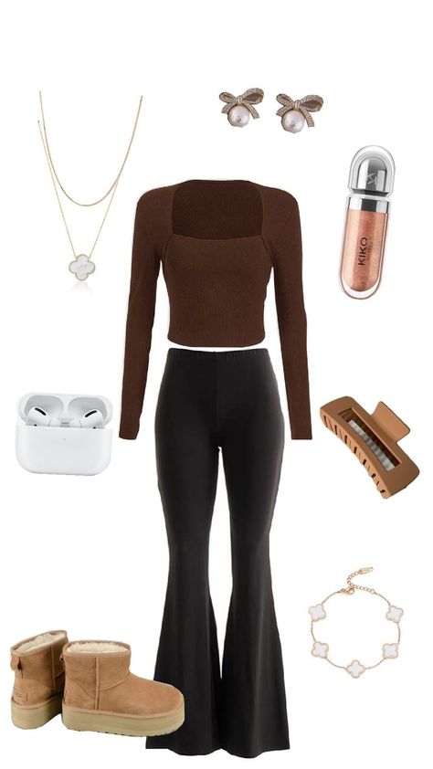 All you need is : flair leggings, a brown crop top , a pair of UGGs , a claw clip , airpods , jewelery of your choice and a nutural lipgloss Bell Bottom Leggings Outfits, Flair Leggings Outfit, Flair Leggings, Leggins Outfit, Autumn Outfit Inspo, Bell Bottom Leggings, Brown Crop Top, Legging Outfits, Basic Long Sleeve