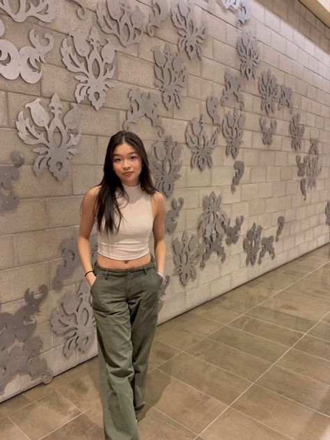 Green Cargo Pants White Top, Sage Green Cargo Pants Outfit, Sage Green Cargo Pants, Trendy High-waisted Green Cargo Pants, Desi Cargo Pants, Green High-waisted Cargo Pants For Streetwear, Crop Top Cargo Pants, Green Cargo Outfit, Beige Top Outfit