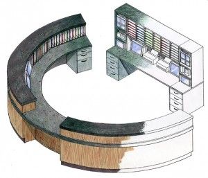 Element Of Space, Circle Desk, Home Bar Rooms, Nurses Station, Coffee Shops Interior, Built In Furniture, Reception Design, Front Office, Bar Room