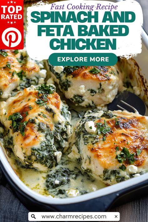 Spinach and Feta Baked Chicken Chicken Feta Spinach Recipes, Feta Cheese And Chicken Recipes, Burek Spinach Feta, Chicken And Spinach Recipes Healthy Low Carb, Boneless Skinless Chicken Thigh Recipes With Spinach, Chicken Spinach Cottage Cheese Recipes, Spinach Feta Sausage Recipes, Chicken Feta Spinach Pasta, Spinach And Feta Chicken Rolls