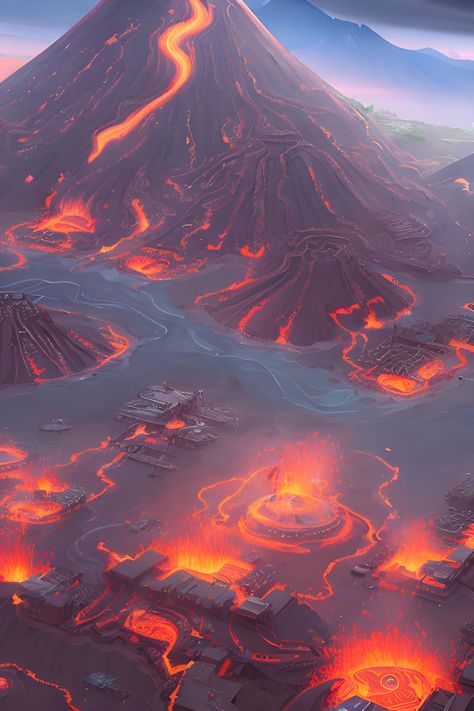 Volcanic Environment, Volcano Village Fantasy Art, Fantasy Village, Dnd World Map, Fire Island, Dreams And Nightmares, Temple Art, Animation Artwork, Planets Art