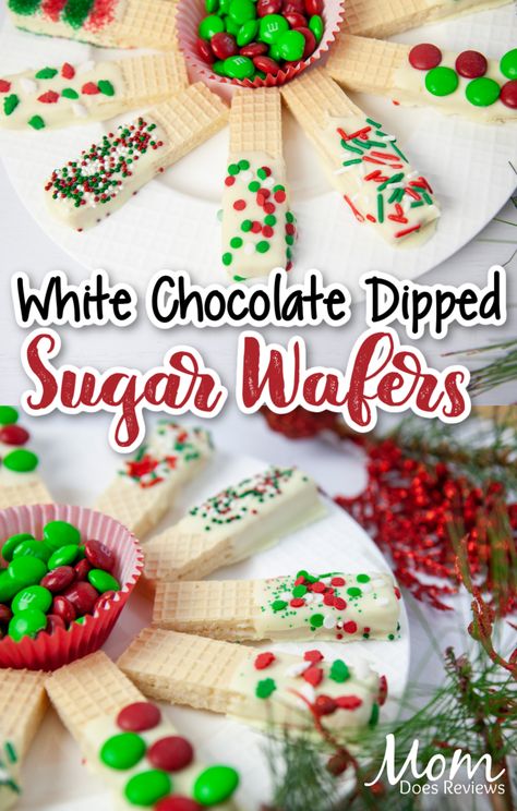 White Chocolate Dipped Christmas Sugar Wafers - Mom Does Reviews Chocolate Dipped Sugar Wafers, Dipped Sugar Wafers, Fun Christmas Treats, Sugar Wafers, Peppermint Chocolate Chip Cookies, No Bake Christmas, Christmas Dip, Oreo Cookies Dipped, Chocolate Dipped Cookies