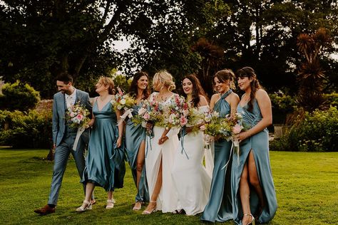 Mixed gender wedding party with bridesmaids and bridesmain in blue wedding outfits Mixed Bridal Party Gender, Blue Bridal Party Attire, Mixed Bridal Party, Mixed Gender Wedding Party, Mixed Gender Bridal Party, Bridal Party Blue, Pastel Wedding Decor, Wedding Decor Spring, Whimsical Summer Wedding