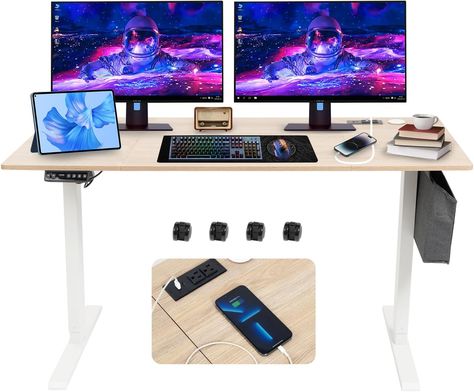 Splice Board, Mouse Pad, 2-Outlet Power Strip with USB 20W Charger, and Casters（White Frame&Log Top） Standing Desk With Storage, Adjustable Height Standing Desk, Storing Books, Adjustable Standing Desk, Sit Stand Desk, Home Office Desk, Funky Furniture, Space Saving Furniture, Cable Management