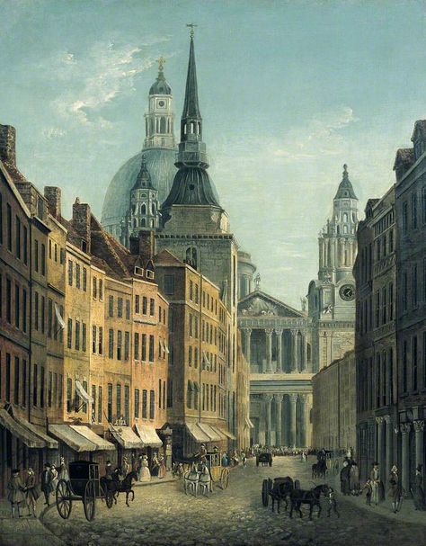 William Marlow (1740-1813) —  View of Ludgate Street from Ludgate Hill, with the West Front of St Paul's Cathedral, London : The Bank of England Museum,  , London. UK  (736x944) London 1800, Georgian London, St Pauls Cathedral London, Regency London, London Drawing, Regency England, Historical London, Little Dorrit, British Architecture