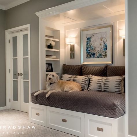 Divine Design Decor on Instagram: “It’s Designer Monday ✨starting off with this custom Daybed/banquette 🐶.... @bradshaw_designs award winning talents throughout San Antonio…” Small Basement Bedroom, Alcove Bed, Bed Nook, Small Bedroom Remodel, Bedroom Nook, Murphy Bed Plans, Bedroom Remodel, Basement Bedrooms, Butler Pantry