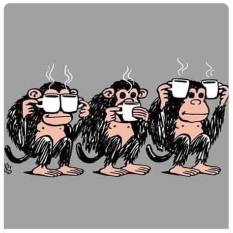 Three Monkeys, Coffee Jokes, Coffee Artwork, Coffee Funny, Coffee Wallpaper, Coffee Talk, Coffee Illustration, Coffee Poster, Coffee Design