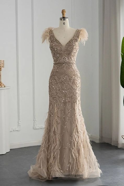 Oknass Luxury V Neck Mermaid Evening Dress Sheath With Feathers Appliques Cap Sleeve Prom Dress, Mermaid Evening Gown, Satin Tulle, Prom Dresses Online, Mermaid Evening Dresses, Prom Dresses With Sleeves, Dress Measurements, Glam Dresses, Mermaid Fashion