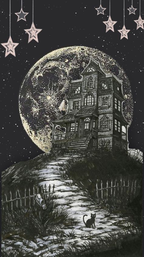 a haunted house with a picket fence to float around and ghost my friends #phoebebridgers Haunted Wallpaper, Haunted House Wallpaper, Haunted House Background, A Haunted House With A Picket Fence, Ghost Wallpapers, Vintage Spooky Aesthetic, Ghost Aesthetic Wallpaper, Haunted House Illustration, Haunted House Art