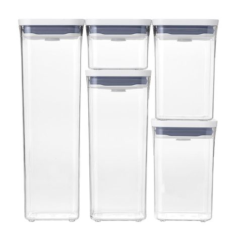 OXO Good Grips POP 5-Piece Canisters | The Container Store Stacking Bins, Cereal Dispenser, Pantry Organizers, Plastic Food Containers, Clear Storage, Container Set, Container Store, Canister Sets, Pantry Organization