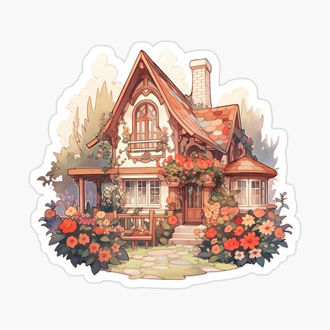 Cozy Cottage with Summer Flowers in Rustic and Cottagecore Style by CozyKawaiiArt | Redbubble Ipad Pics, Bloxburg Inspiration, Cottage Drawing, House Illustrations, Cottagecore House, Cottage Core House, Cottagecore Living, Fantasy Cottage, Gnome Pictures