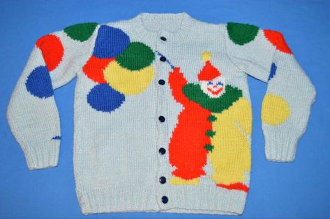 80s Clown, Homemade Sweater, Clowncore Fashion, Clown Balloons, Hand Knit Cardigan, Balloon Lights, Cute Clown, Girls Cardigan, Knit Cardigan Sweater