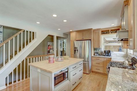 Open Stairs To Basement In Kitchen, Stairway In Kitchen, Open Staircase In Kitchen, Staircase In Kitchen, Open Basement Stairs In Kitchen, Open Stair Case, Stairway Remodel, Living Room Stairs, Open Home