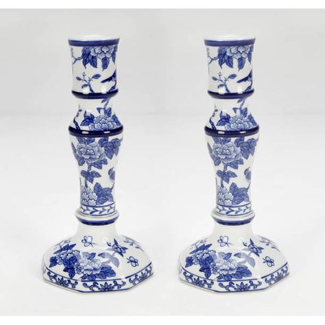 Charlton Home® Floral Small Porcelain Candlestick & Reviews | Wayfair Black Candelabra, Blue And White Background, Christmas Elegant, China Closet, Footed Cake Plate, Blue Candle, Porcelain Candle, Floral Candle, Wooden Candle Holders