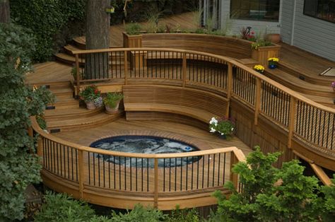 www.decks.com Bucket Gardens, Ideas De Piscina, Curved Deck, Tiered Deck, Multi Level Deck, Deck Framing, Deck Pictures, Hot Tub Deck, Dream Deck