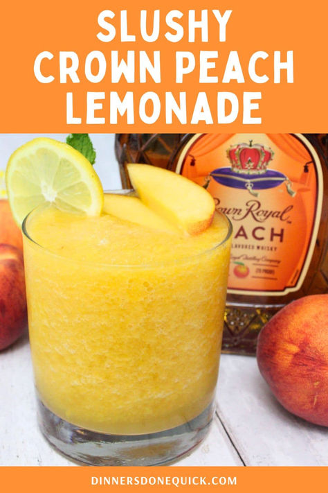 Cool down with a delightful and refreshing Slushy Crown Peach Lemonade! Made with Crown Royal Peach whiskey, this icy treat combines the sweetness of peaches with the tangy flavor of lemonade. Perfect for summer gatherings or a relaxing evening at home, this slushy cocktail is easy to make and incredibly delicious. Enjoy a taste of sunshine in every sip! #SlushyCrownPeachLemonade #CrownRoyalPeach #CrownRoyalDrinks #SummerDrinks #PeachCocktails Whiskey And Lemonade, Crown Peach Slush, Beach Peach Lemonade, Drinks With Peach Crown Royal, Lemonade Drinks With Alcohol, Peach Crown Royal Drink Recipes, Crown Royal Peach Drinks Recipes, Crown Peach Drink Recipes, Peach Crown Royal Recipes