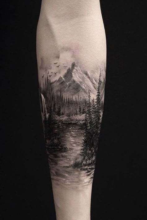 Landscape Tattoo Ideas, Mountain Scene Tattoo, Natur Tattoo Arm, Scene Tattoo, Nature Tattoo Sleeve, Marvel Tattoos, Landscape Tattoo, Forest Tattoos, Muster Tattoos