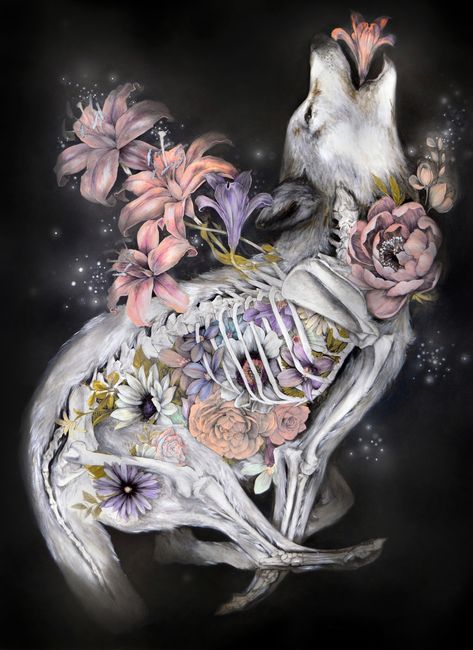 Flowers Blossom From the Bodies of Wild Animals in New Graphite and Acrylic Works by Nunzio Paci | Colossal Hare Skeleton, Bone Painting, Nunzio Paci, Inspiration Draw, Decay Art, Illustration Styles, Colossal Art, Gcse Art, Fairytale Art