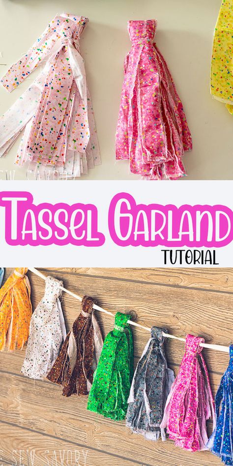 Homemade Fabric Garland, Diy Flag Garland, How To Make Fabric Tassels, Scrap Fabric Garland, Scrap Fabric Garland Diy, Fabric Scrap Garland, Fabric Tassel Garland, Fabric Strip Garland Diy, Diy Fabric Tassel Garland