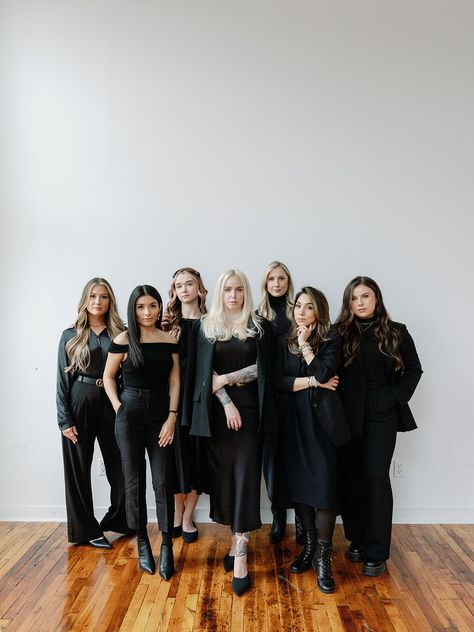 All Black Team Photoshoot, Makeup Team Photoshoot, Neutral Team Photoshoot, All Black Salon Photoshoot, Wedding Planner Team Photoshoot, Moody Group Photoshoot, Women Team Photoshoot, Branding Photo Outfits, Salon Branding Photoshoot Group